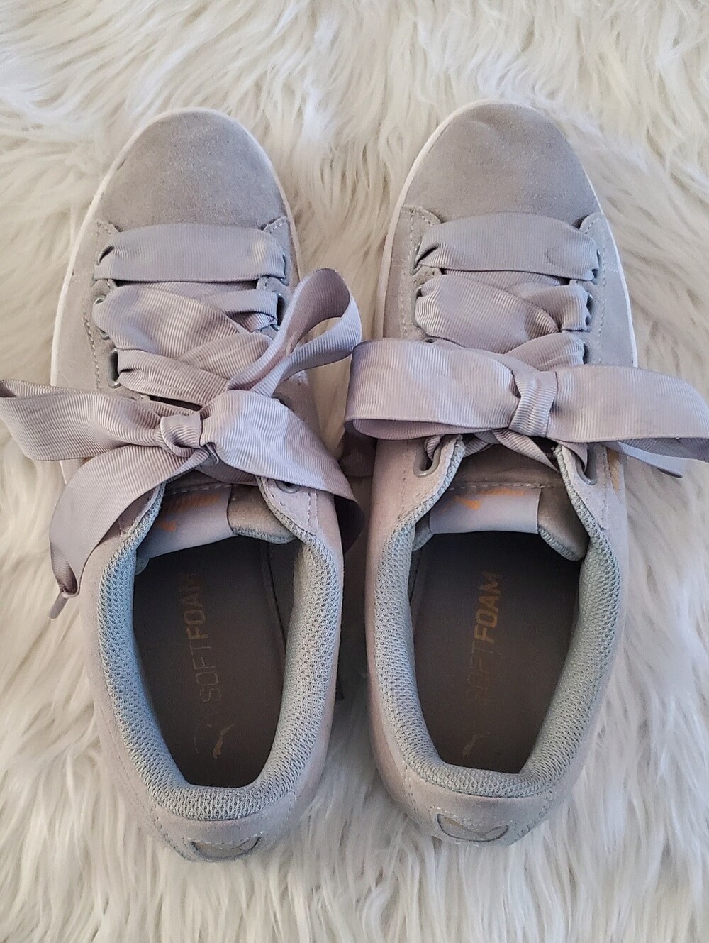 PUMA Vikky Ribbon Suede Sneakers Gray Satin Lace SoftFoam+ Women's Size 10 - Picture 8 of 11